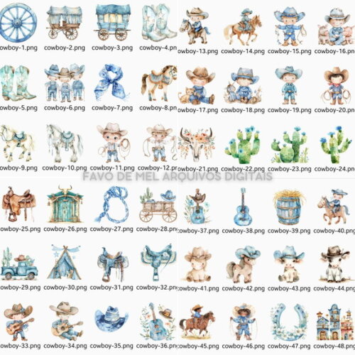 Kit Digital Cowboy Aquarela #15 Cowboy Azul Png Premium