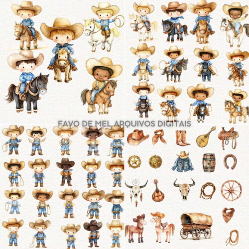 Kit Digital Cowboy Aquarela #16 Vaqueiro Cute Png Premium