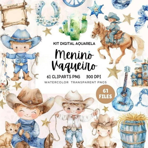Kit Digital Cowboy Aquarela #15 Cowboy Azul Png Premium