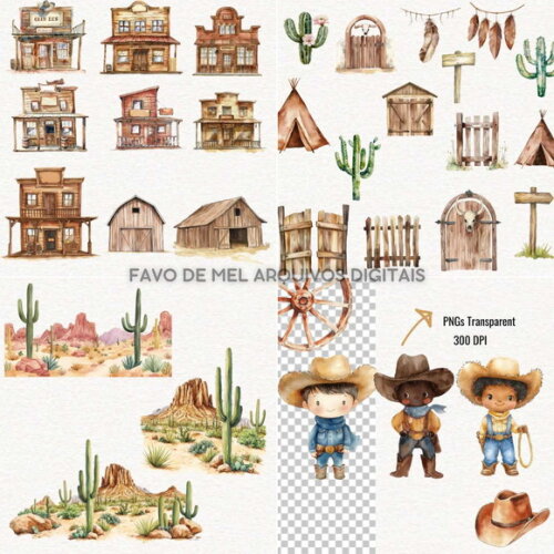 Kit Digital Cowboy Aquarela #16 Vaqueiro Cute Png Premium