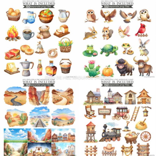 Kit Digital Cowboy Aquarela #18 Vaqueiro Cute Png