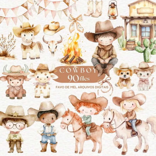 Kit Digital Cowboy Aquarela #19 Vaqueiro Cute Png