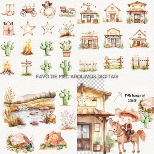 Kit Digital Cowboy Aquarela #19 Vaqueiro Cute Png