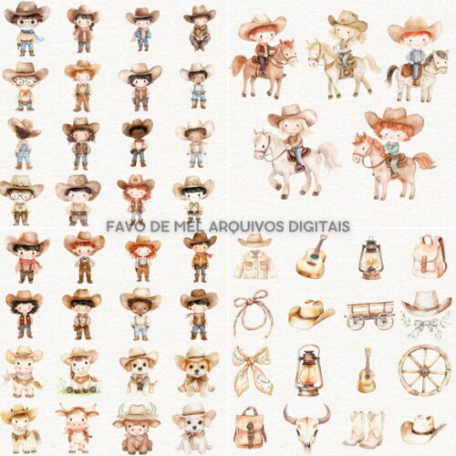 Kit Digital Cowboy Aquarela #19 Vaqueiro Cute Png