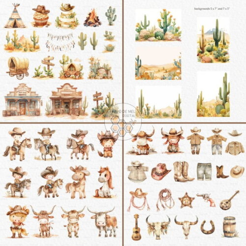 Kit Digital Cowboy Aquarela #3 Png Premium