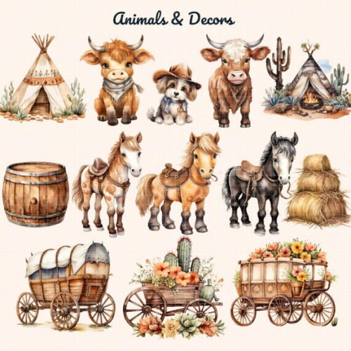 Kit Digital Cowboy Aquarela #2 Png Premium