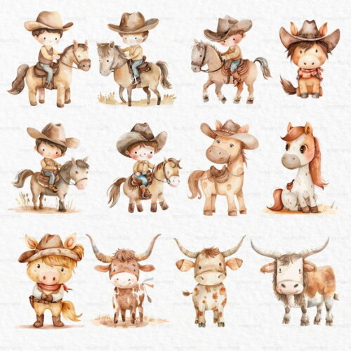 Kit Digital Cowboy Aquarela #3 Png Premium
