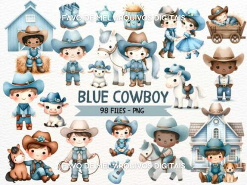 Kit Digital Cowboy Aquarela #7 Cowboy Azul Png Premium