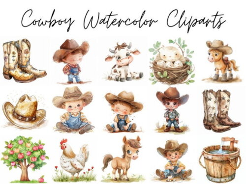 Kit Digital Cowboy Aquarela #8 (pague 1 Leve 5) Png