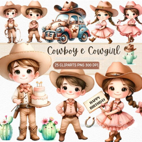 Kit Digital Cowboy e Cowgirl Aquarela #3 Aniversário Country