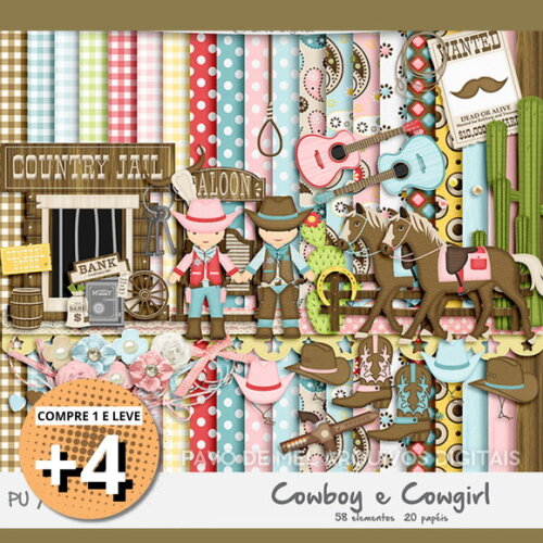 Kit Digital Cowboy e Cowgirl Scrapbook - Boiadeira Vaqueiro