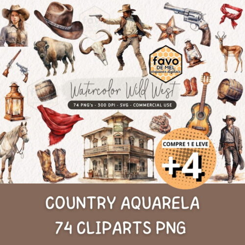 Kit Digital Cowboy e Cowgirl Aquarela #4 Png (pague 1 Leve 5