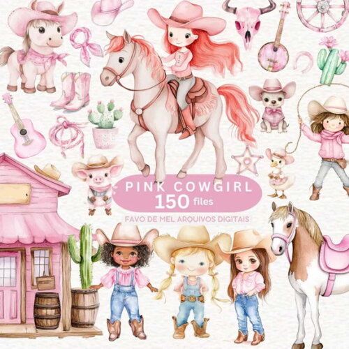 Kit Digital Cowgirl Aquarela Rosa #48 Png Premium