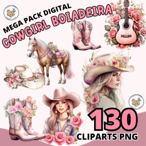 Kit Digital Cowgirl Boiadeira Pink Aquarela - Mega Pack