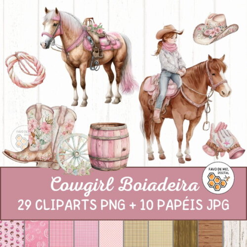 Kit Digital Cowgirl Boiadeira Pink Aquarela e Papel Digital