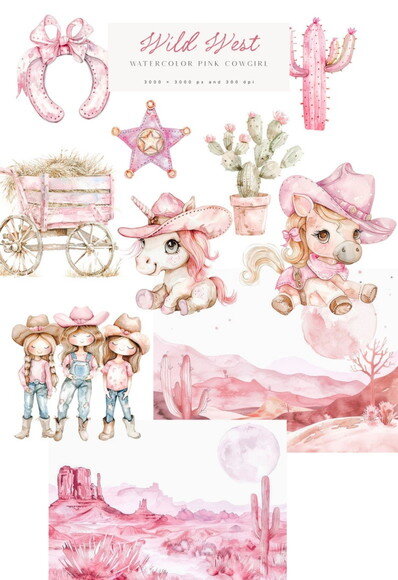 Kit Digital Cowgirl Pink Aquarela Premium - Wild West (paa)