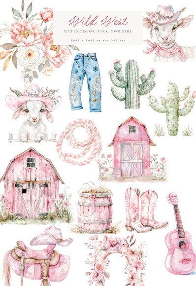 Kit Digital Cowgirl Pink Aquarela Premium - Wild West (paa)