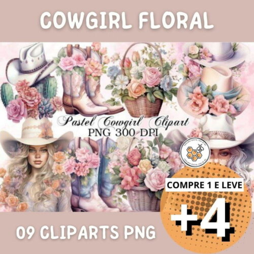 Kit Digital Cowgirl Floral Aquarela - Pastel Cowgirl