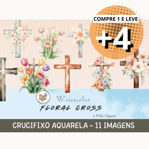 Kit Digital Cruz Crucifixo Aquarela - Floral Cross