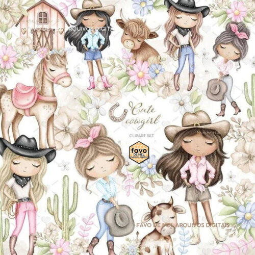Kit Digital Cute Cowgirl Boiadeira Aquarela Png
