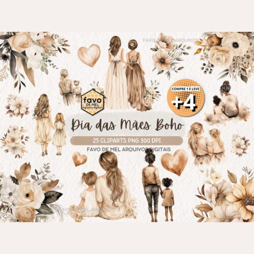 Kit Digital Dia das Mães Boho Floral Aquarela - Mãe e Filha
