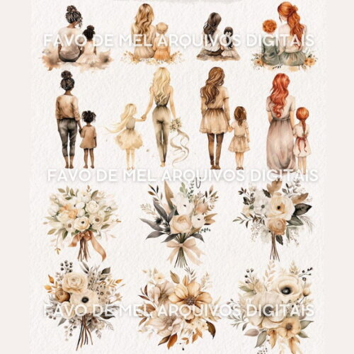 Kit Digital Dia das Mães Boho Floral Aquarela - Mãe e Filha