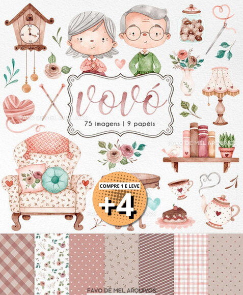 Kit Digital Dia dos Avós Aquarela Vovó Png Jpg