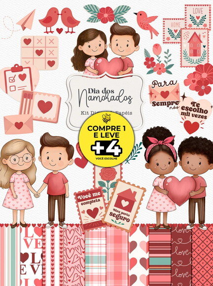 Kit Digital Dia dos Namorados Aquarela - Combo Ilustracoes