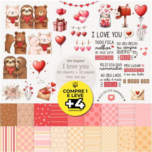 Kit Digital Dia dos Namorados Aquarela - I Love You