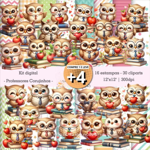 Kit Digital Dia dos Professores - Corujinhos Png com Papéis