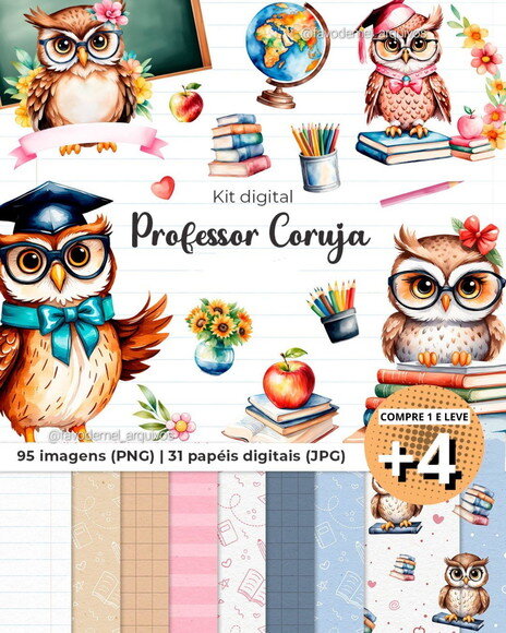 Kit Digital Dia dos Professores Aquarela - Professor Coruja