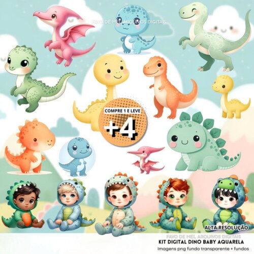 Kit Digital Dino Baby Aquarela - Dinossauros #48