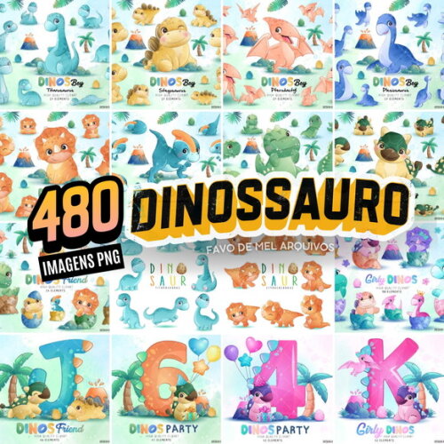 Kit Digital Dinossauro - Mega Pack 17 Kits 480 Elementos