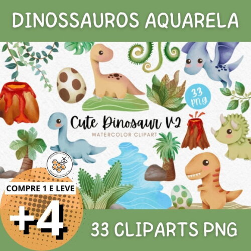 Kit Digital Dinossauro Aquarela - Cute Dinosaur V2