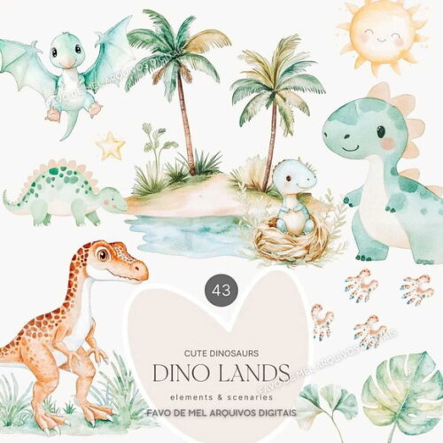 Kit Digital Dinossauro Aquarela 49 Png Premium