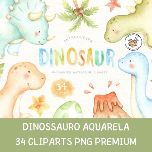 Kit Digital Dinossauro Aquarela Premium - Dinosaur Es