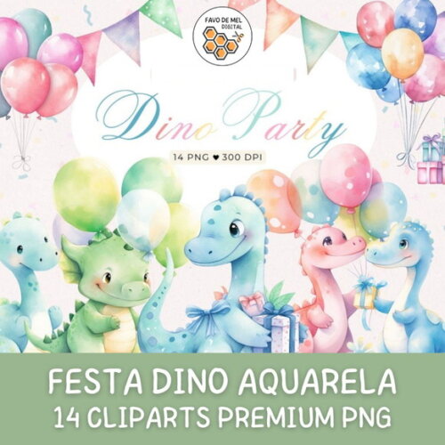 Kit Digital Dinossauro Festa Aquarela Premium - Dino Party