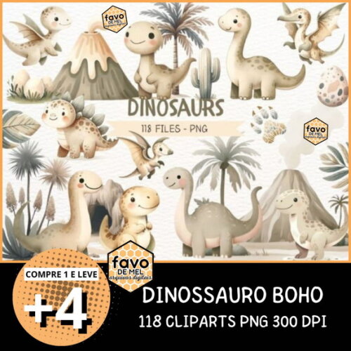 Kit Digital Dinossauro Neutro Boho (nca)