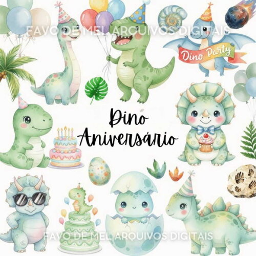Kit Digital Dinossauros Aniversário Aquarela Png
