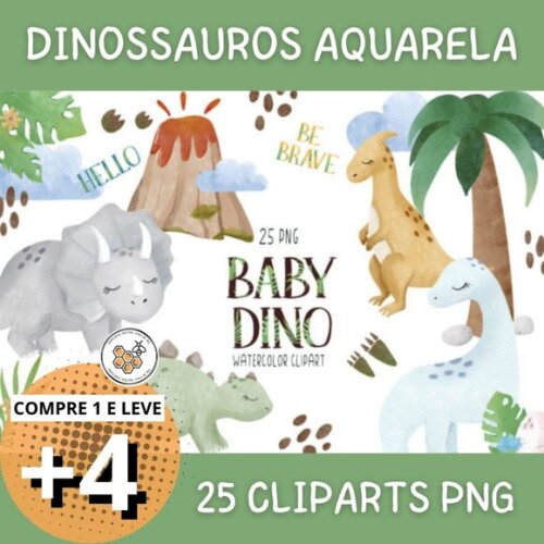 Kit Digital Dinossauros Aquarela - Baby Dino