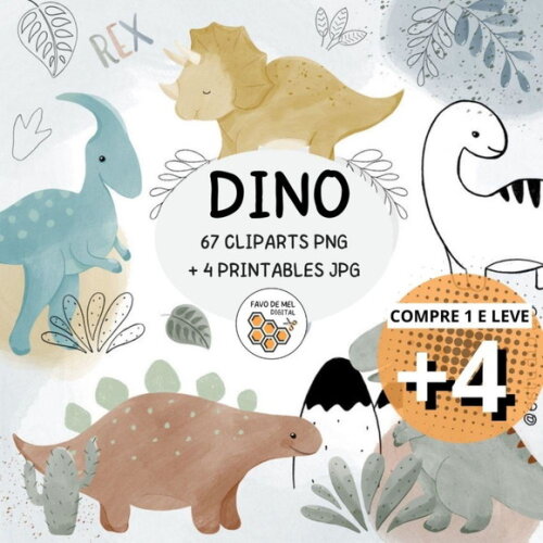 Kit Digital Dinossauros Aquarela - Dino