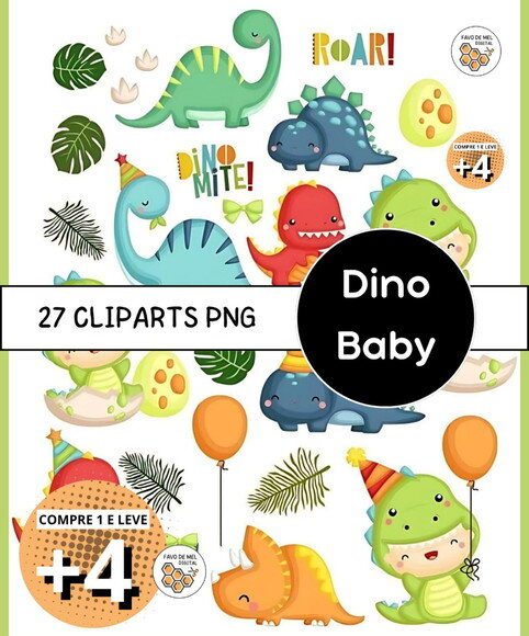 Kit Digital Dinossauros Aquarela - Dino Baby Roar