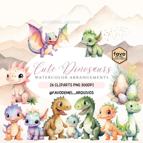 Kit Digital Dinossauros Aquarela Premium - Cute Dinosaurs