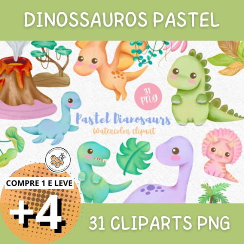 Kit Digital Dinossauros Candy Aquarela - Pastel Dinosaurs