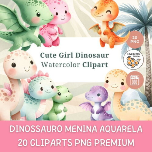 Kit Digital Dinossauros Menina Aquarela - Cute Girl Dinosaur