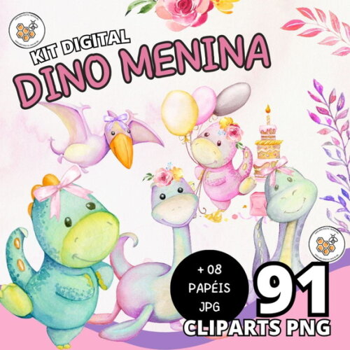 Kit Digital Dinossauros Menina Aquarela