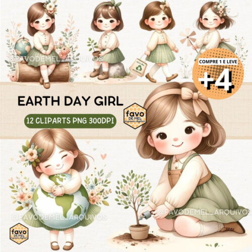 Kit Digital Earth Day Girl - Dia da Terra Menina Cute