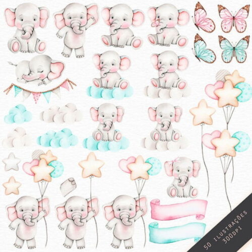 Kit Digital Elefante Baloeiro Aquarela Premium
