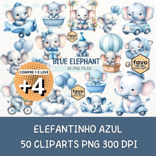 Kit Digital Elefantinho Baby Azul Aquarela - Blue Elephant