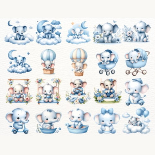 Kit Digital Elefantinho Baby Azul Aquarela - Blue Elephant